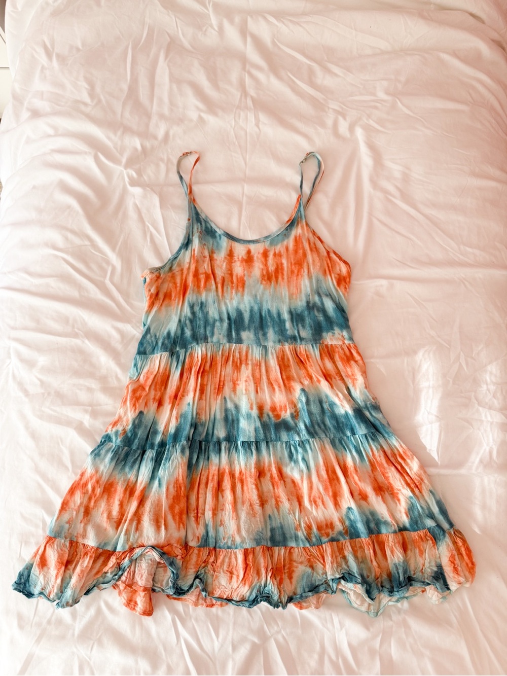 Paradise USA Orange And Blue Tie Dye Ruffle Mini Dress Size Small